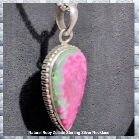 Natural Ruby Zoisite necklace teardrop pendant Set In Sterling Silver - Picture 1 of 11
